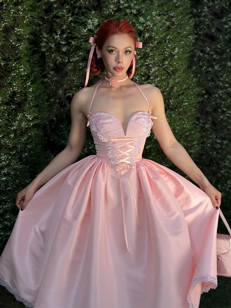 

Le Palais Vintage Original Retro Ballet Girl Pink Big Skirt Belted Dr Dstring Waist Strapl Midi Dr Umbrella Silho...