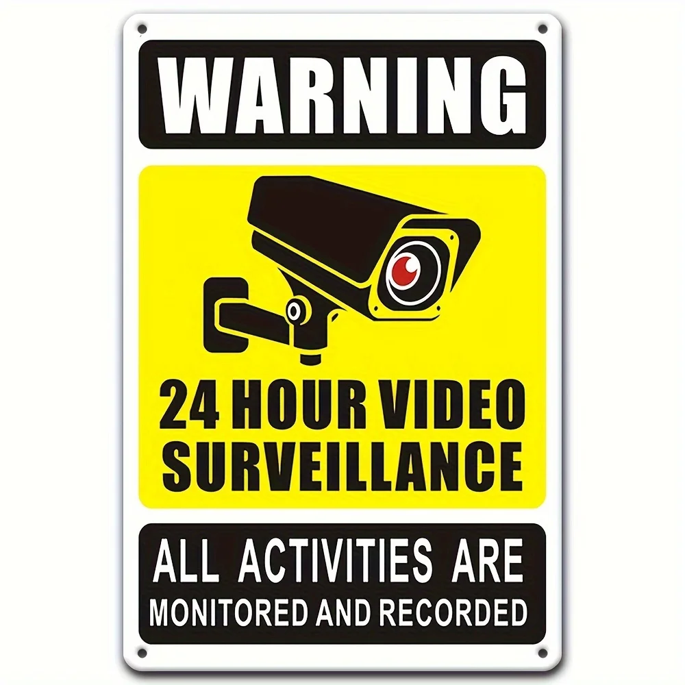 24 Hour Video Surveillance Warning Metal Tin Sign - All Activities Monitored & Recorded Security Wall Plaque for Home, Business,