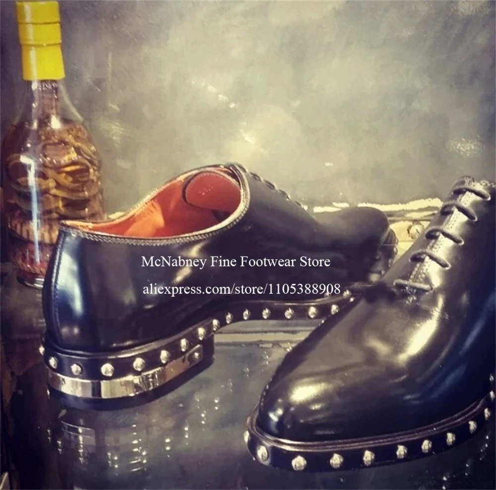 Rivet Studded Leather Oxford Shoes Lace up Metal Decor Heel Luxury Fashion Business Party Wedding Stage Dress Shoes for Men