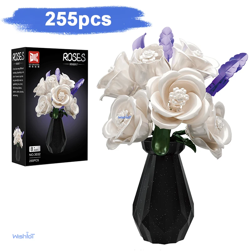

3032 White Roses 255pcs Artificial potted plant and flower bouquet ornament With vase Assembly Bricks Ornament Kid Toy Gifts