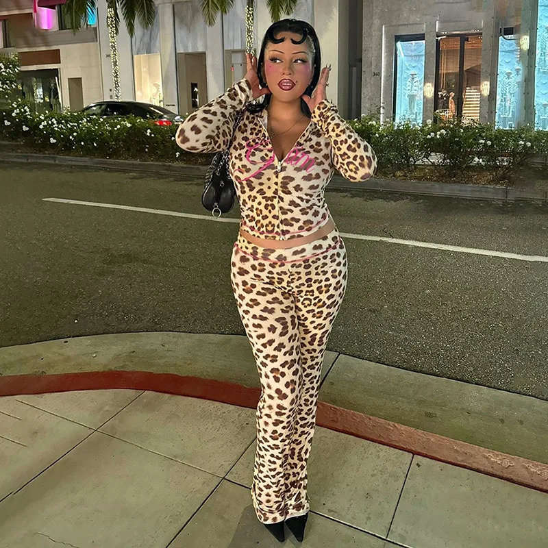 Leopard Print Cheetah 2 Piece Set Women Tracksuit Casual Hooded Crop Top and Flared Pants Suits Femme Outfit Two Pieces Sets