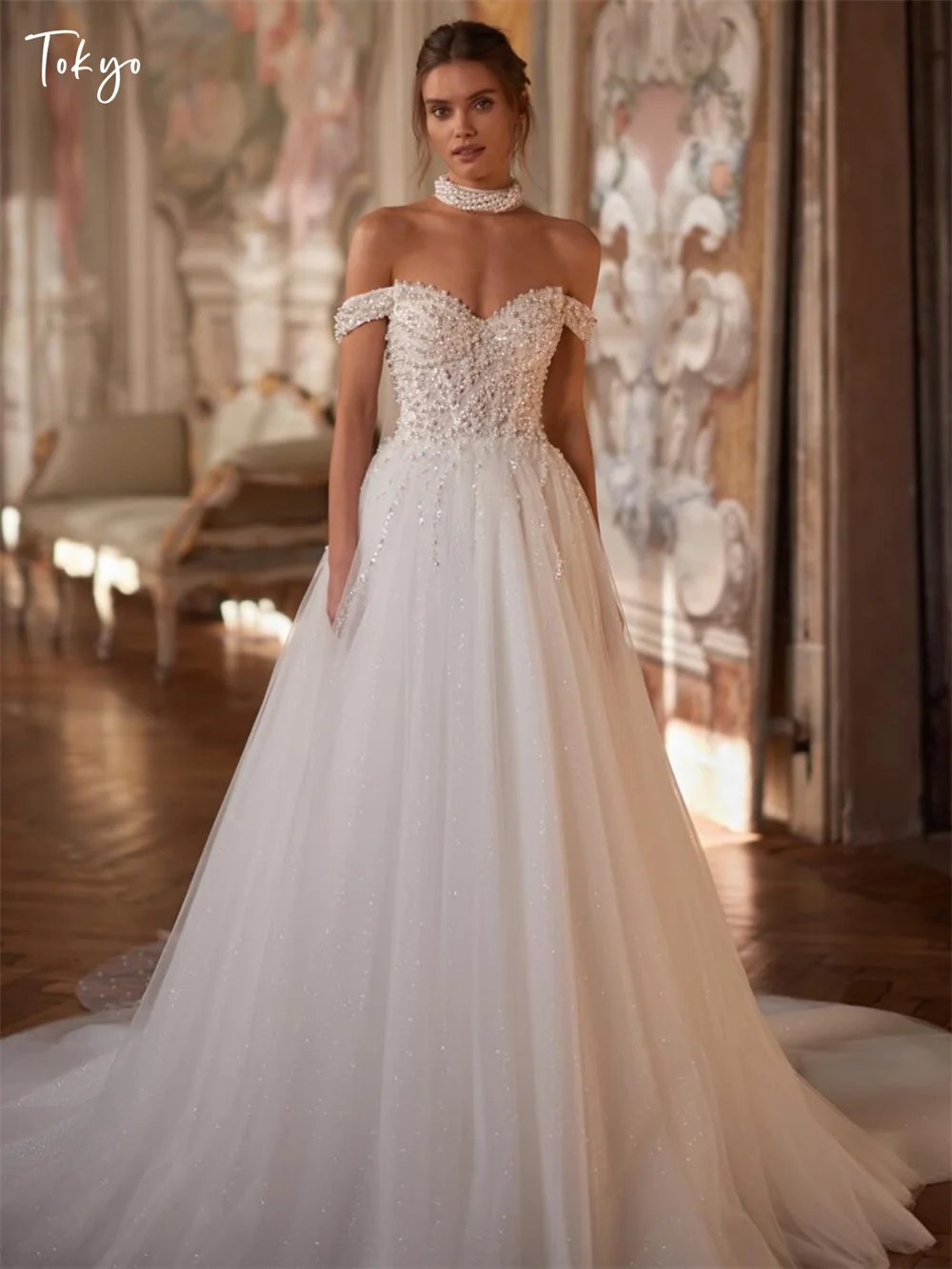 Tokyo Customized White Off Shoulder Wedding Dresses Sleeveless Tulle Pearl Shawl Bridal Gown 2026 Elegant A-Line Wedding Gown
