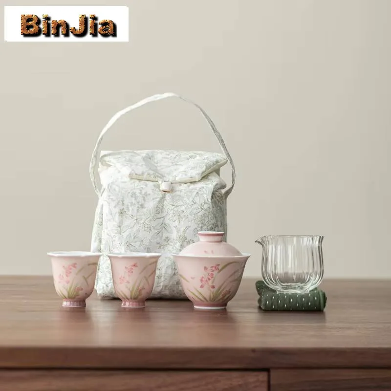

Pure Handdrawn Pink Orchid Tea Set Kit Creative 1 Bowl 2 Cups Making Portable Tote Bag Kung Fu Craft Hand Gift Box