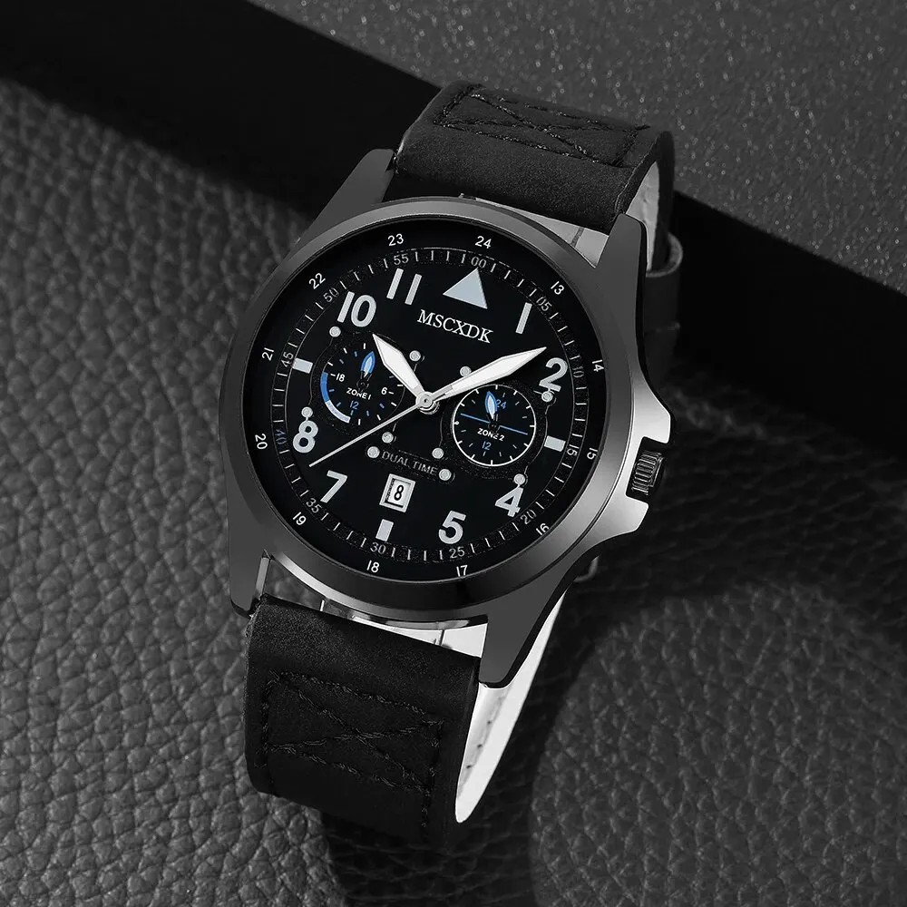 Mens Fashion Watches Business Wallet Set Big Dial Date Quartz Wrist Watch Male Casual Black Leather Watch Reloj Hombre