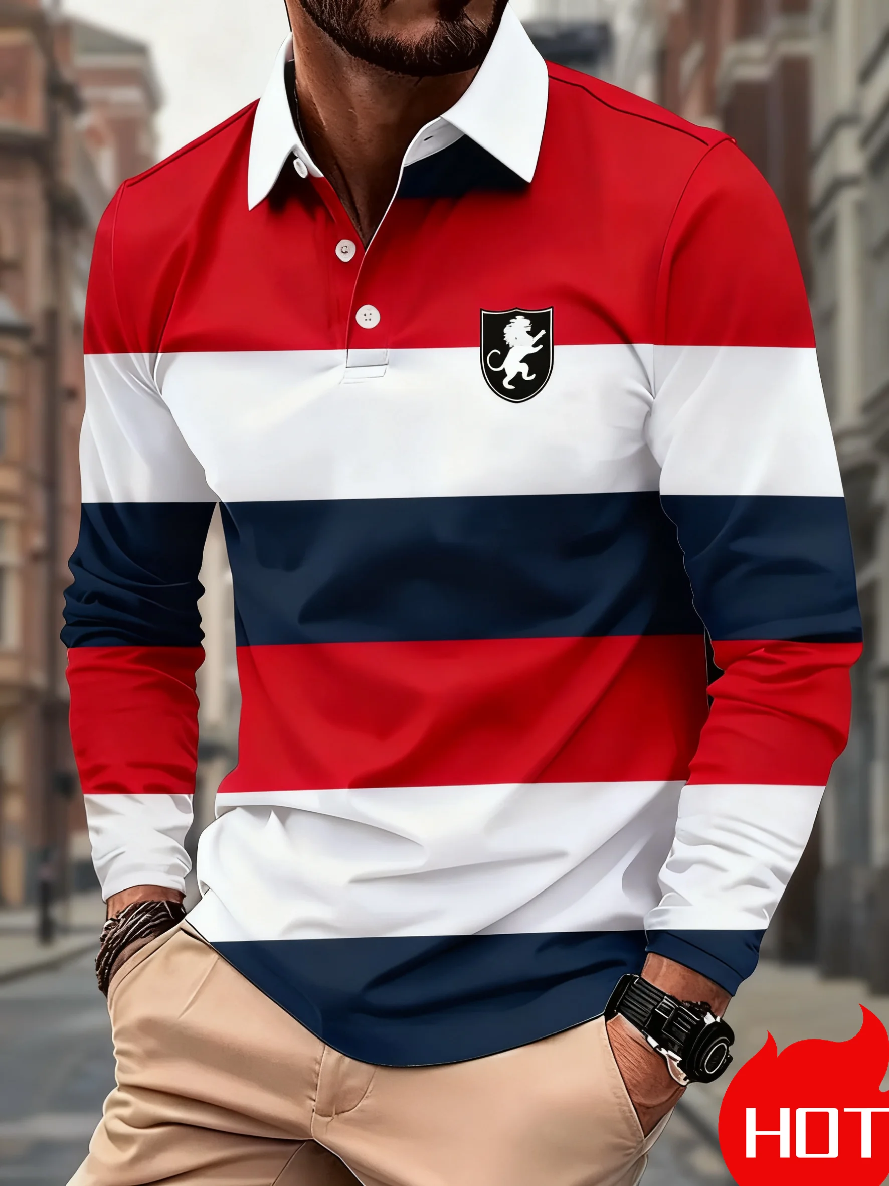 Spring And Autumn Men's Striped Rugby Polo Long Sleeve Collar Shirt Fashion Casual Daily Outdoor Sports Extra Large Men Clothing