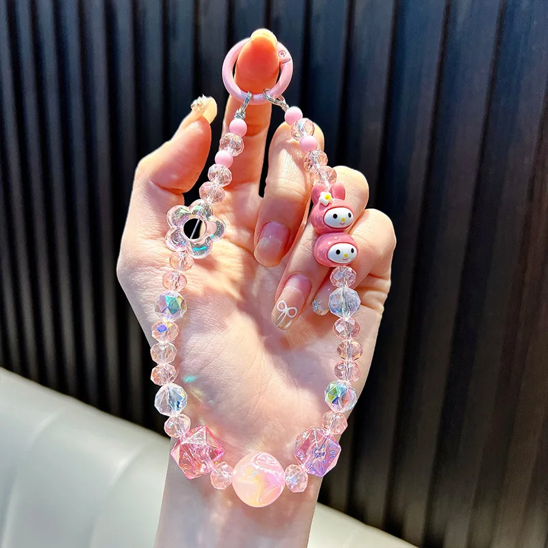 Sanrio simpatico gatto cinturino a catena per cellulare perline di carta cartone animato melodia fascino cinturino da polso custodia per cuffie ciondolo borsa accessori regalo