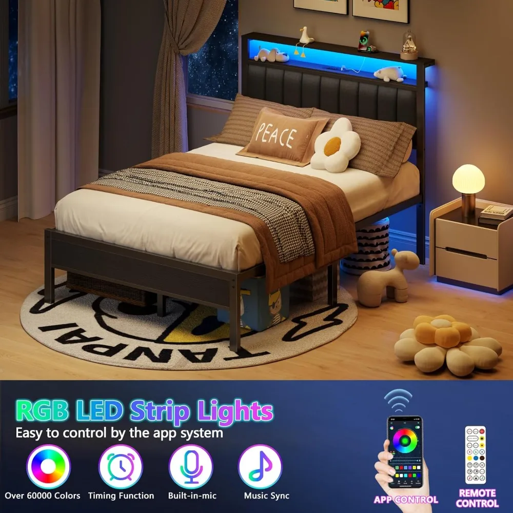 Struttura letto a grandezza naturale con stazione di ricarica e luci a LED, letto a piattaforma con doghe in metallo, testiera imbottita grigia