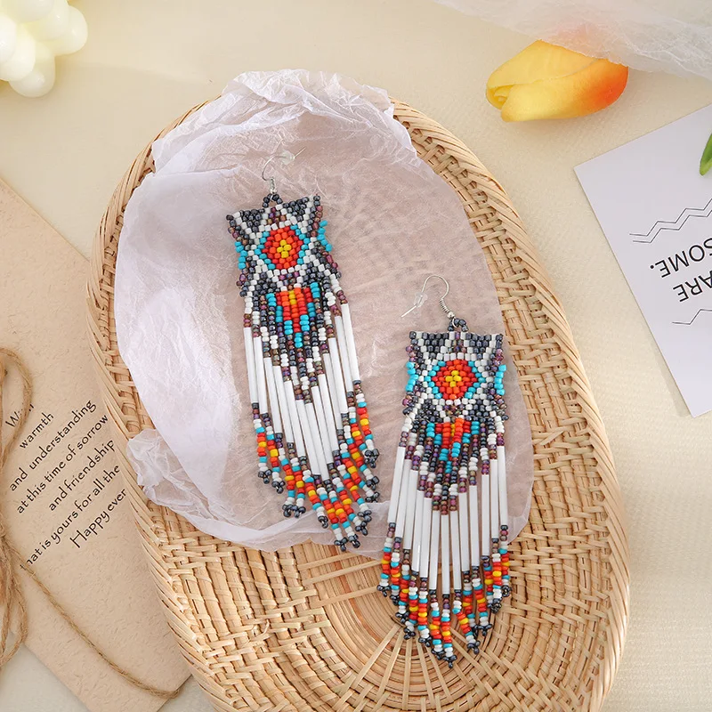 Rice bead earrings Hand woven fashion graphical Long tube Beading Simplicity Bohemia alloy ma\'am Fringed earrings