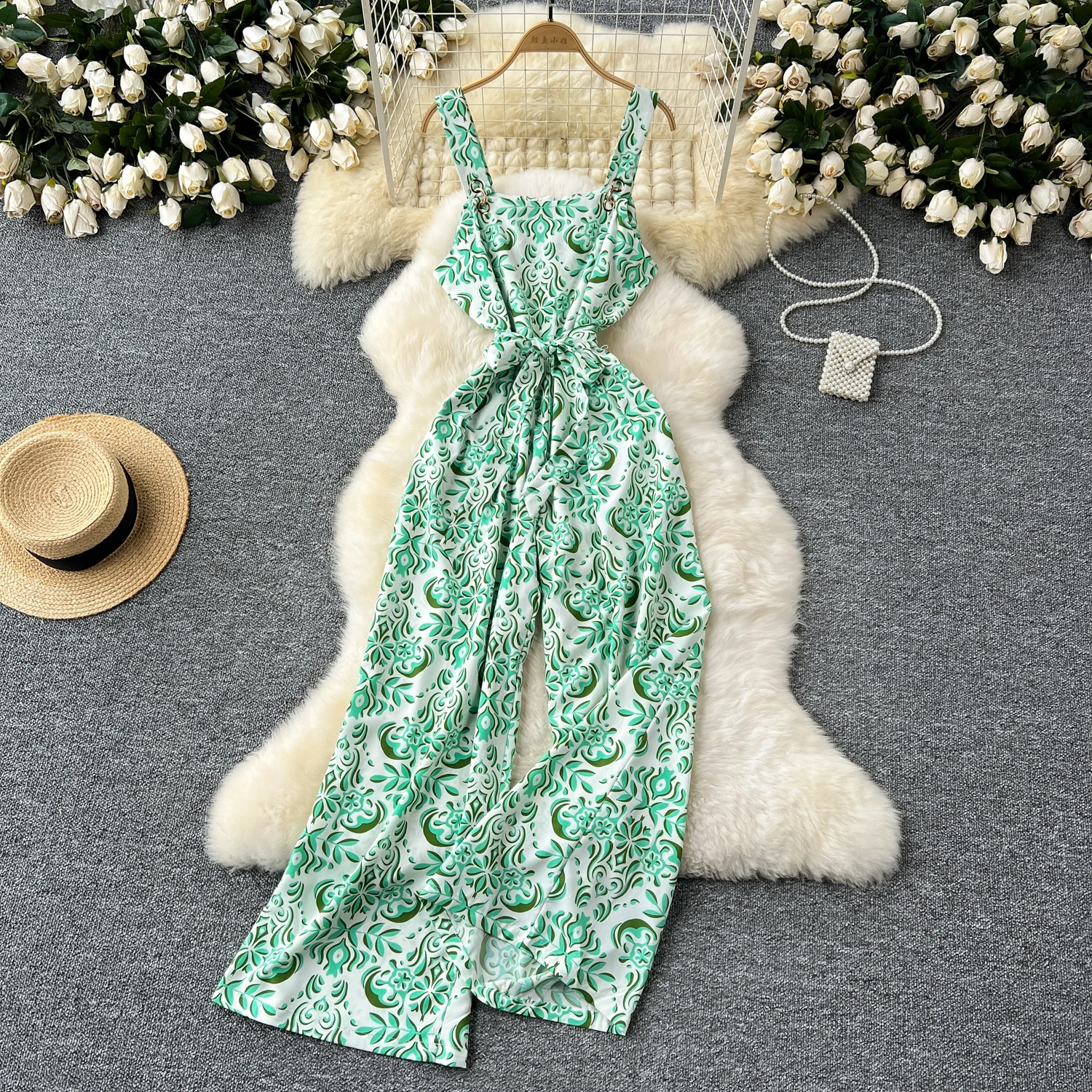 Chic Vintage slip  print Top Jumpsuit Elegant High Waist Casual Wide Leg Pants Summer Women Playsuit