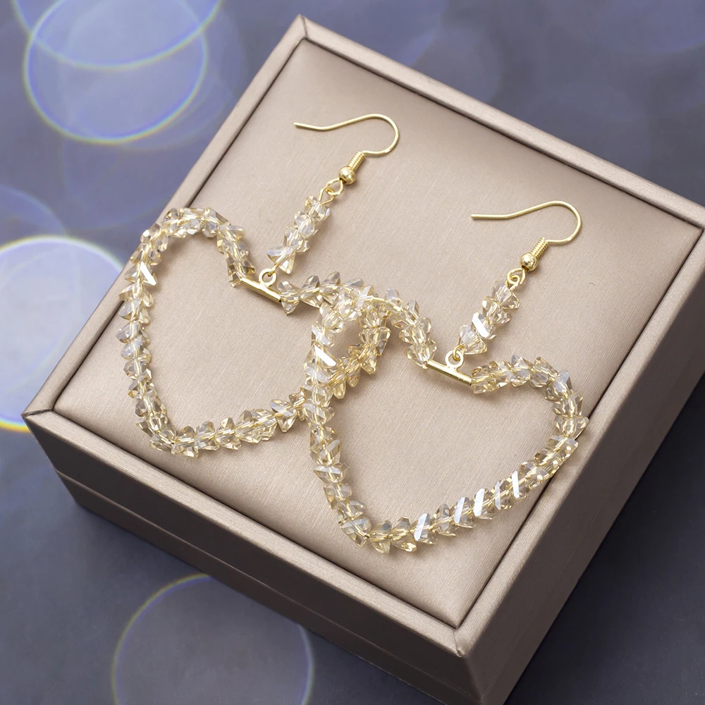 Shiny Glass Handmade Beaded Large Heart Earrings For Women Luxury Imitation Crystal Party Vacation Jewelry Wedding Decoration