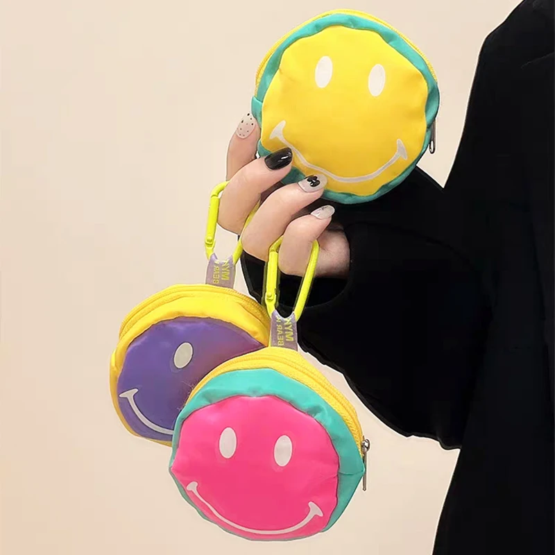 Interrupteur sac rond pour écouteurs avec fermeture éclair, porte-monnaie portable, joli portefeuille en nylon, porte-clés créatif, cadeau d'anniversaire pour enfants, visage polaire, décontracté