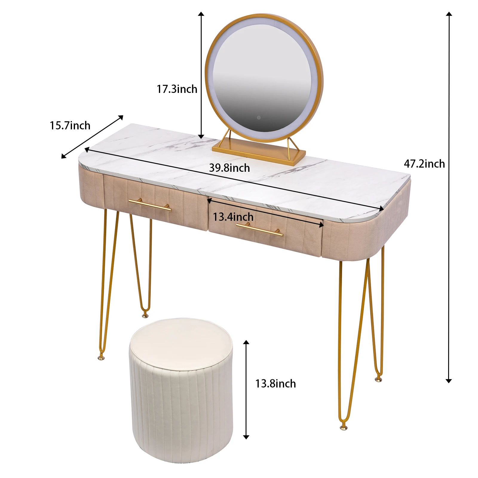 39.4" Flannel Soft Roll Makeup Vanity Set with  Soft Roll Makeup Table, 15.8" Touch Control 3 Brightness Options LED Mirror