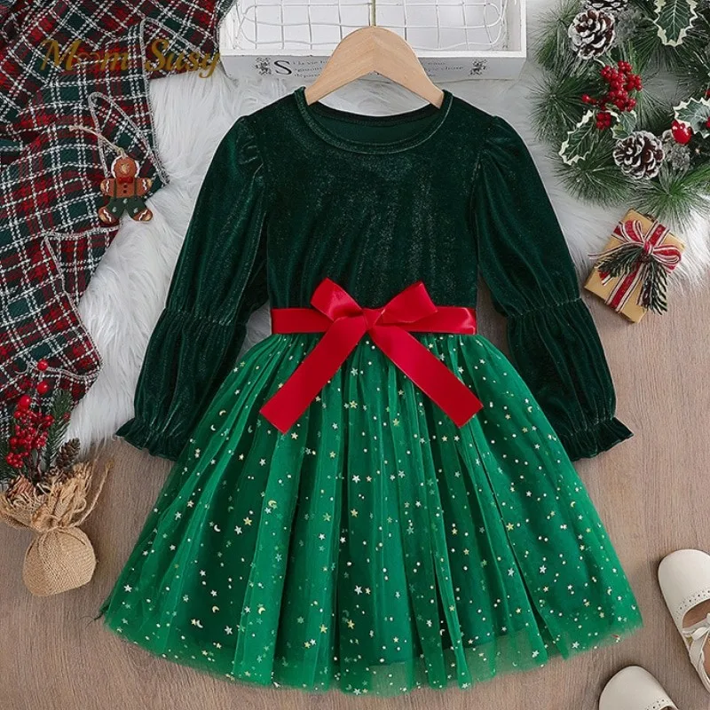 Baby Girl Princess Dress Long Sleeve Infant Toddler Child Green Vestido With Red Belt Birthday Party Christmas Baby Clothes 1-7Y