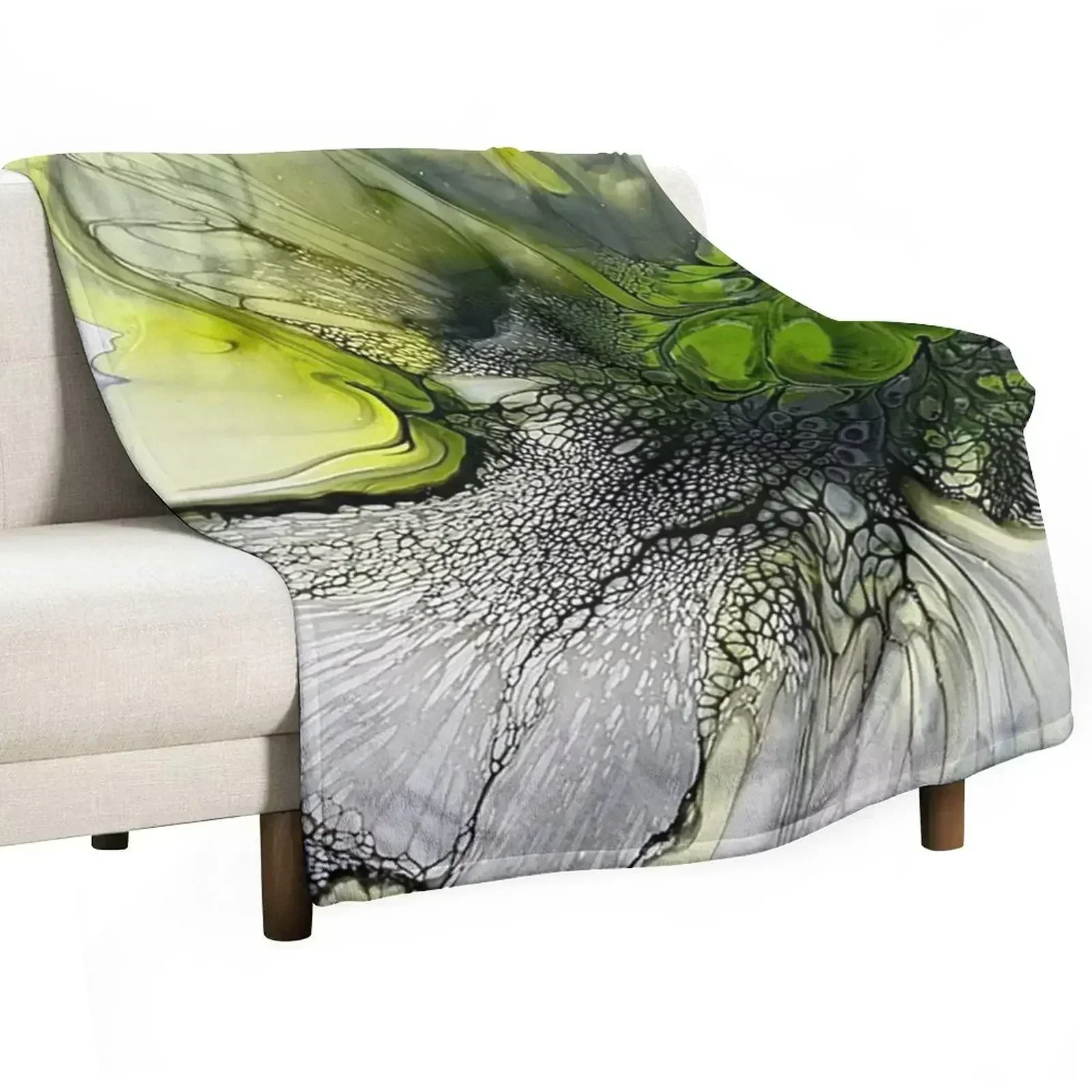 

Beautiful Lime Green and Grey Abstract Fluid Art Acrylic Pour Painting Throw Blanket Hairy Weighted Blankets