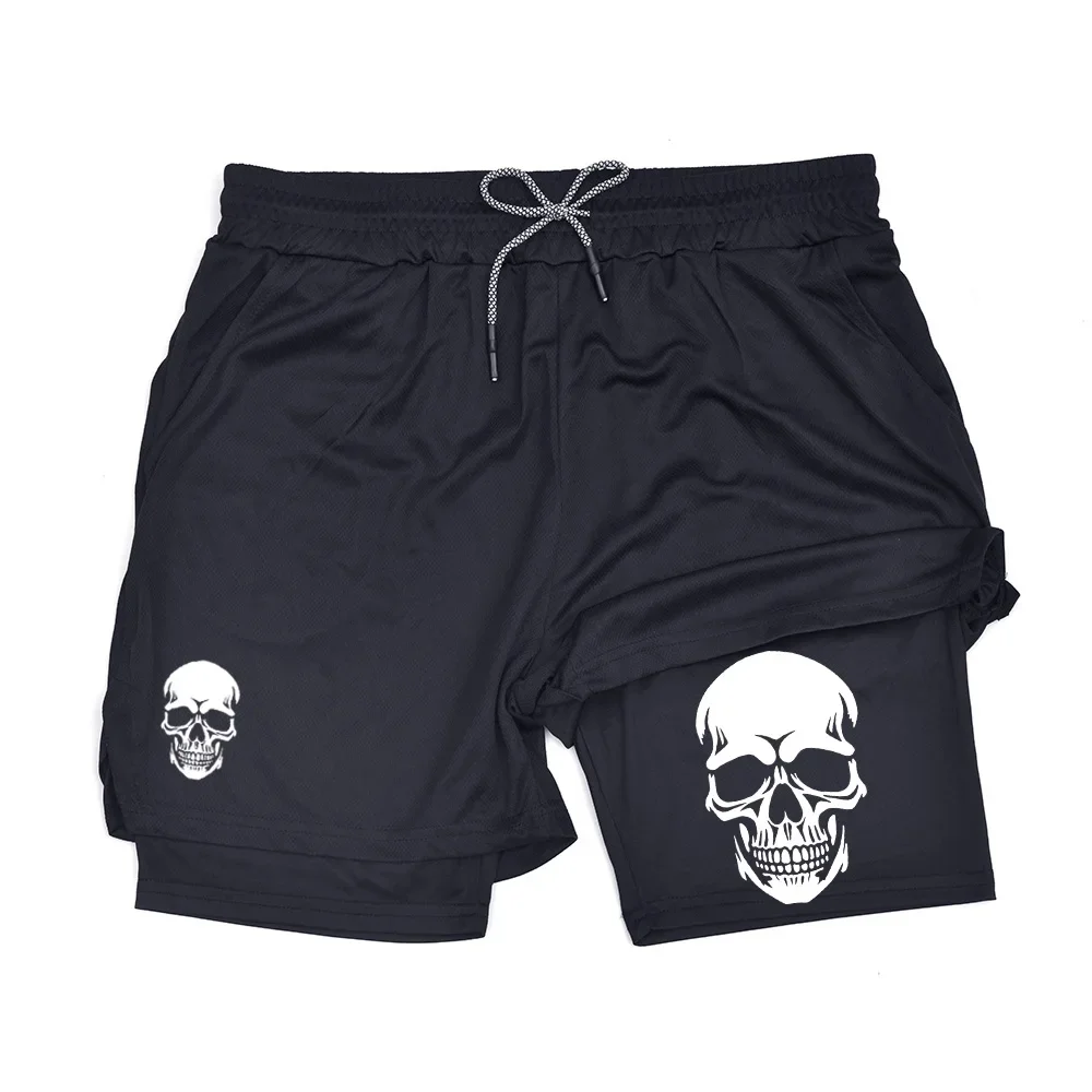 

Men's Skull Print Double Layer Shorts - Black Athletic Shorts with Contrast Skull Graphic, Drawstring Waist, Quick Dry Mesh