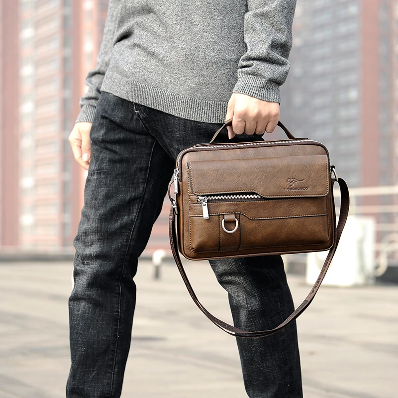 Luxury Kangaroo Brand Messenger Bags Men Leather Casual Crossbody Bag For Men Brown Black Business Shoulder Bag Male Handbags