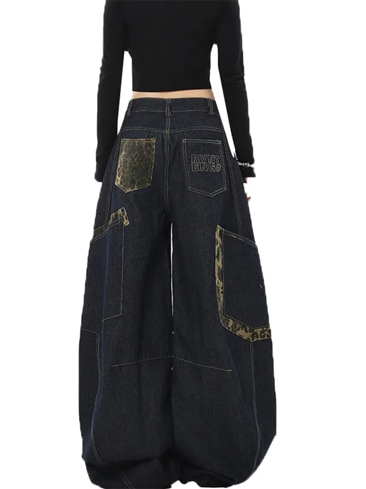 Amerikaanse retro luipaardprint patchwork wijde pijpen werkkleding denim broek dames lente nieuwe Sle hoge taille broek