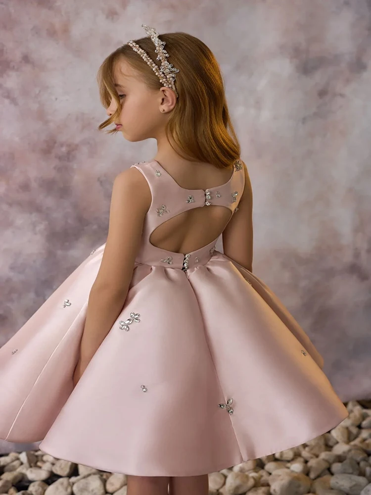 Flesh pink Satin Flower Girl Dress Elegant Crystal Cute Children short Dress Customizable Color Birthday Party Prom Evening gown