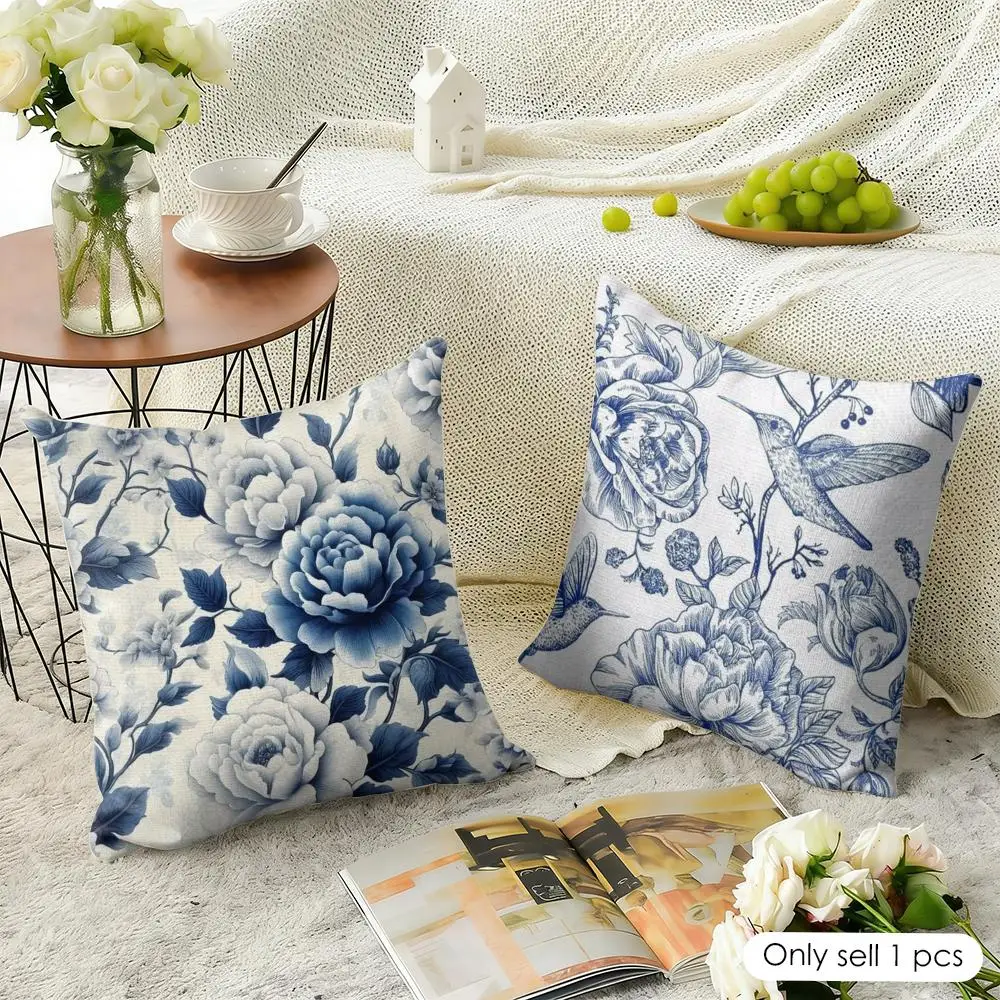 Blue And White Porcelain Cushion Cover Natural Linen Organic Fabric Double-Sided Printing Sofa Home Decor Gift Pillow Case