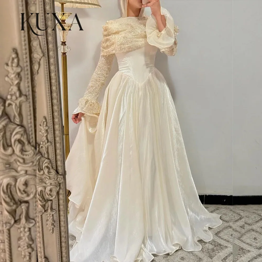 KUXA Maßgeschneidertes bodenlanges, exquisites Abendkleid mit Falten und langen Ärmeln, Hochzeitskleid, A-Linie, lange Kleider, klassisch, formell