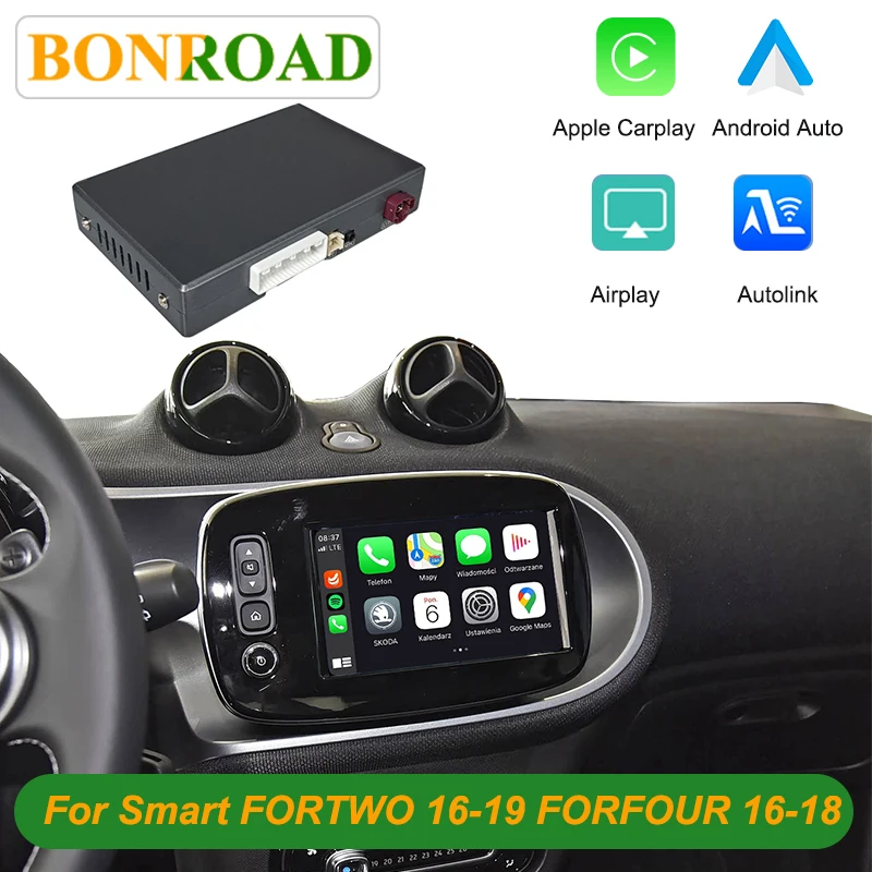 Kit di Retrofit Wireless Carplay Android Auto Bonroad per Mercedes Benz Smart 453 Fortwo Forfour 2016-2019, Interfaccia Mirror Link