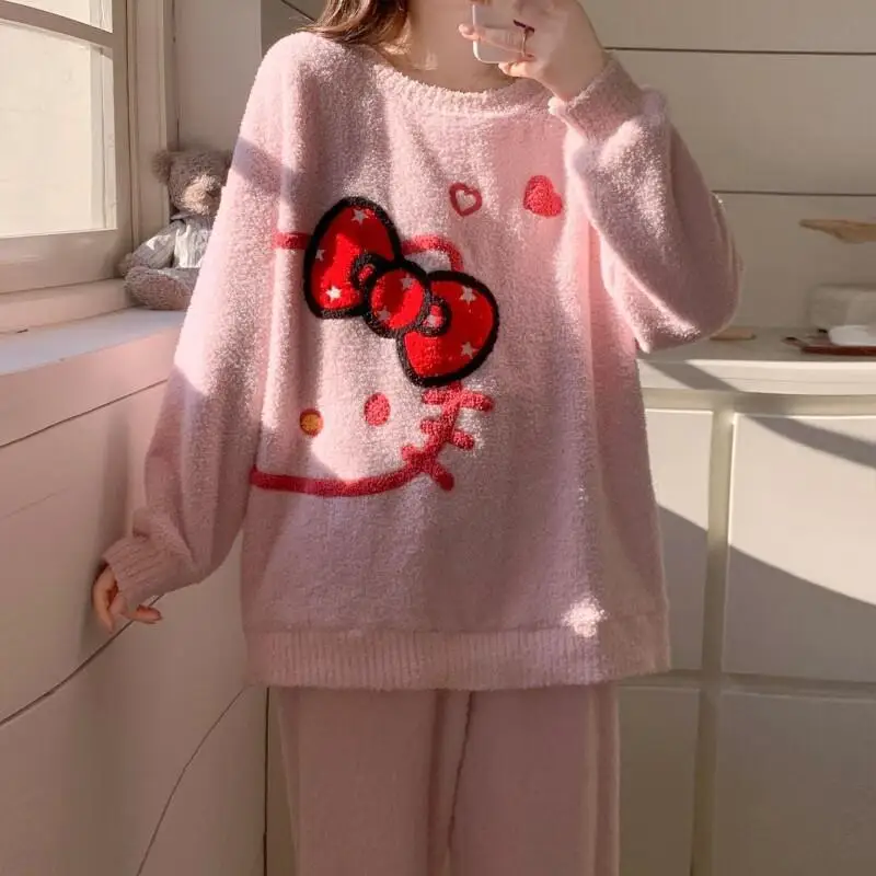 

Sanrio Hello Kitty женский пижамный комплект, новая зимняя утолщенная плюшевая домашняя уютная теплая одежда из кораллового флиса, одежда для сна
