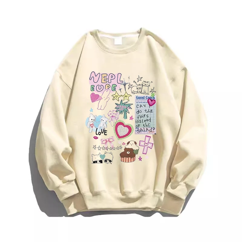 Autumn Winter New Women's Sweet Cute Cartoon Graffiti Print Gray Sweatshirt American Retro Pink Round Neck Velvet Casual Top