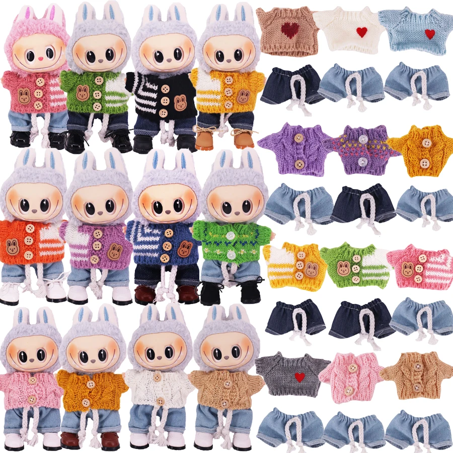 

17cm labubu Doll Clothes，Matched Fashion Suit With Sweater+Jeans,labubu Accessories Love pattern,Festival Toy Gifts,Kid Girls