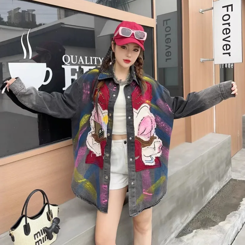 Trendy Brand Denim Jacket for Women Heavy Embellished with Rhinestones High-end Cartoon Shirt Design Mid-length Retro Cardigan