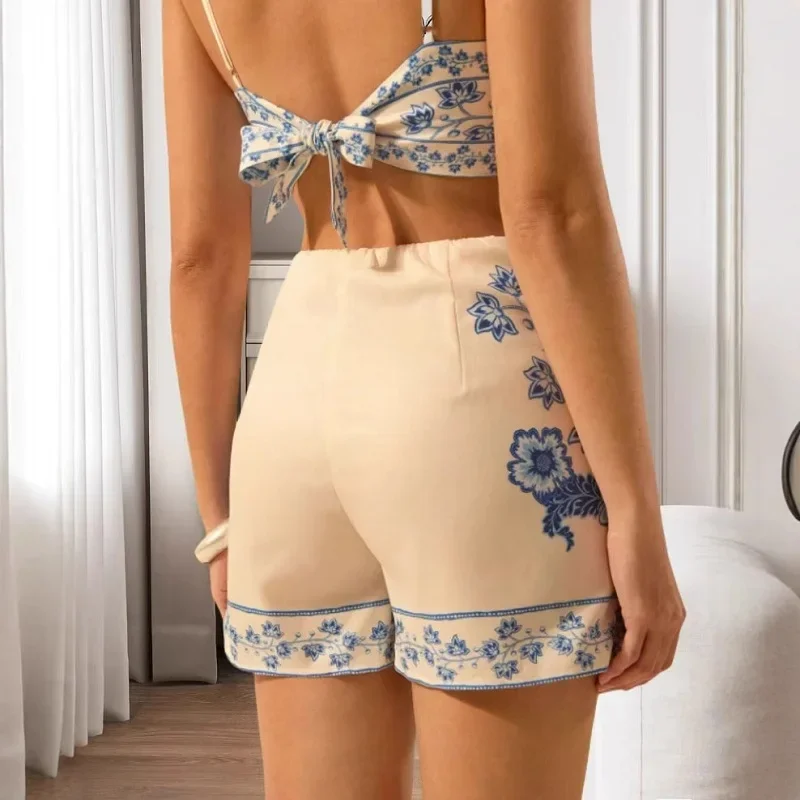 Sexy Sleeveless Crop Top Shorts Skirts Sets Summer Backless Lace-up Hollow Women Suits Retro Floral Print Beach Vacation Outfits
