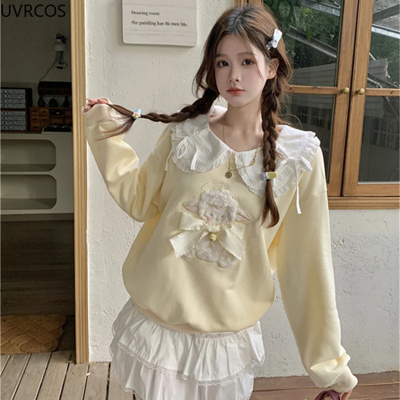 Japanese Cute Hoodies Women Bow Cartoon Sheep Embroidery Sweatshirt Harajuku Streetwear Y2k Pullover Tops Sweet Moletom Feminino