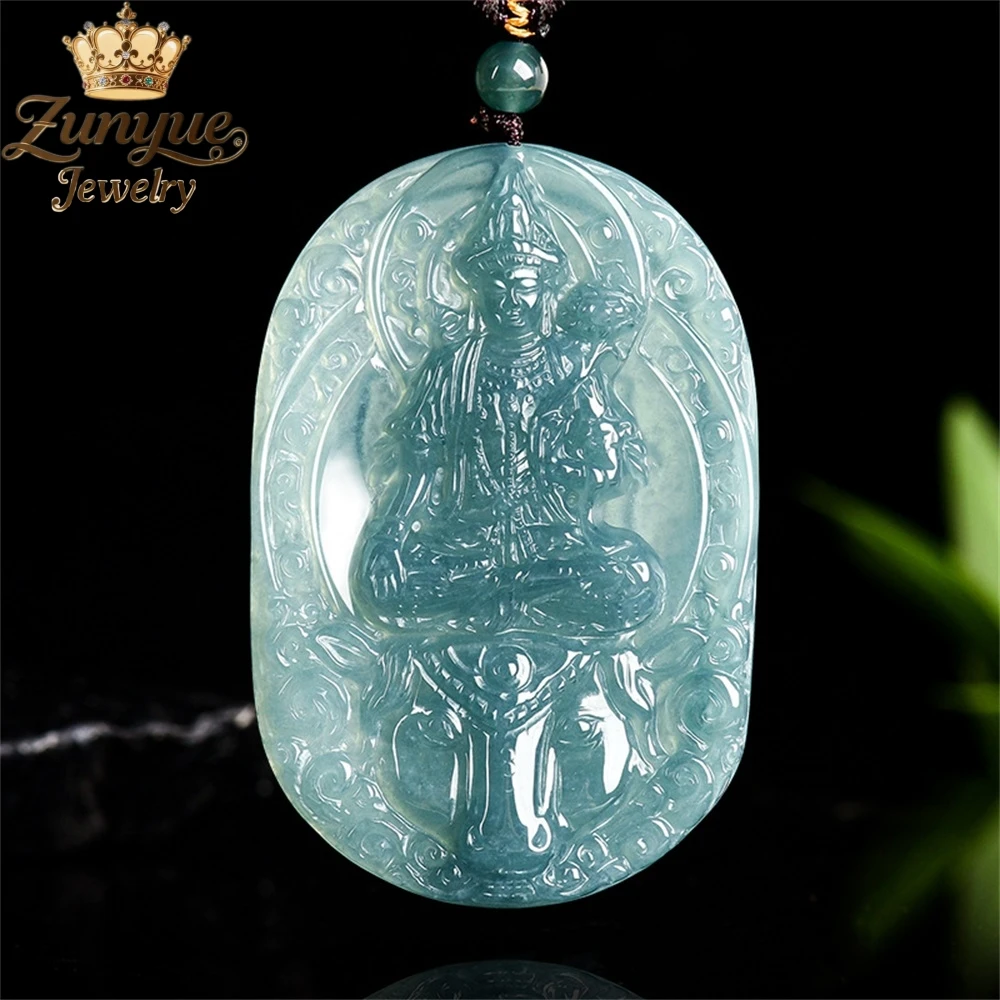Natural A-Grade Jadeite Blue Water Bodhisattva Ice Type Jade Pendant Luxury Quality Jewelry Exquisite Elegant Popular Charms