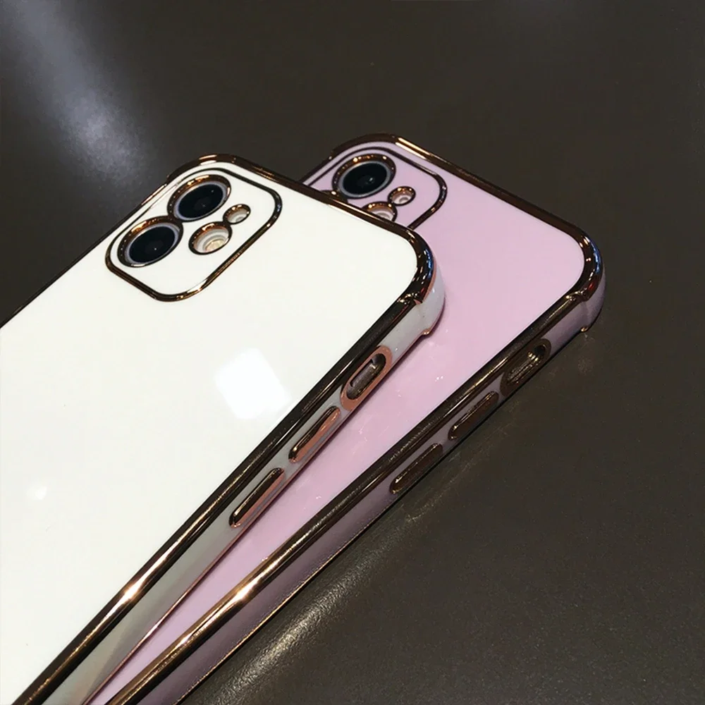 Luxury Glossy Gold Plating Silicon Case For iPhone 16 15 14 13 11 Pro Max XS X XR 15 Soft Pure White Color Cover For iPhone 16