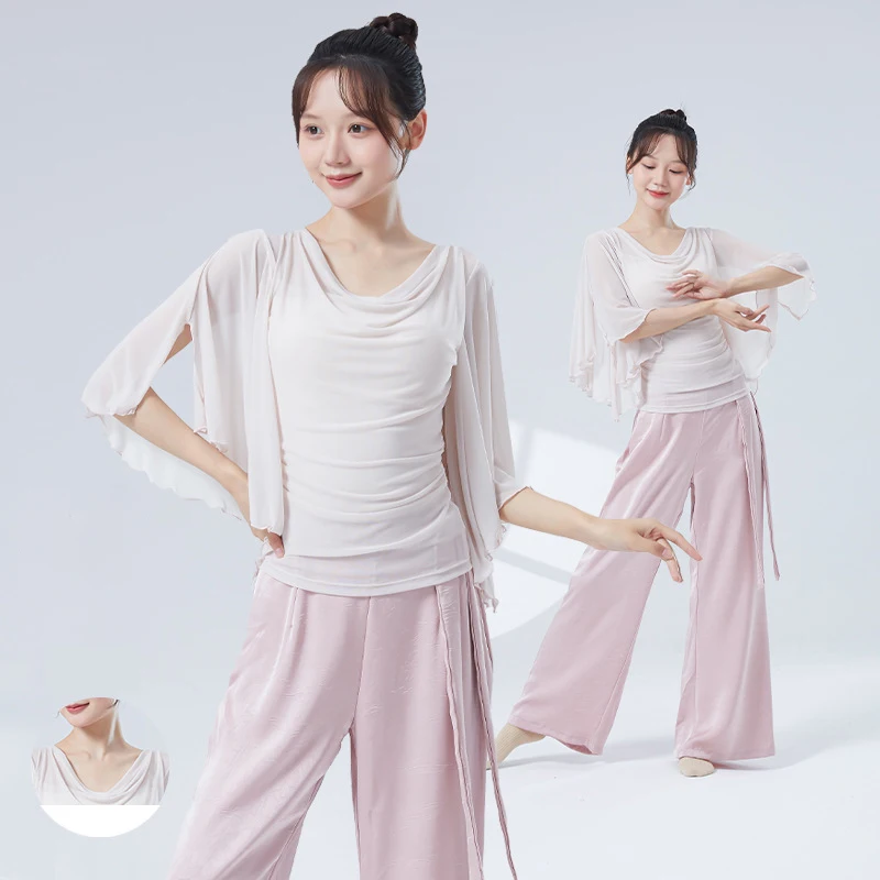 المرأة الحديثة الرقص شبكة أعلى شق كم طاقم مطوي طوق تول قميص قاعة الرقص اللاتينية التدريب الملابس بلوزة العرقية #3