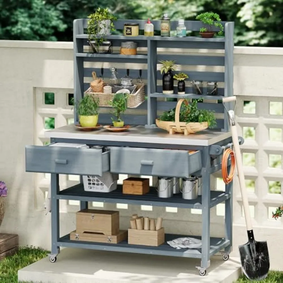 Fir Wood Potting Bench with Hutch, Garden Workstation for Planting, Wood Outdoor Kitchen Island with Drawers, Stainless Steel T