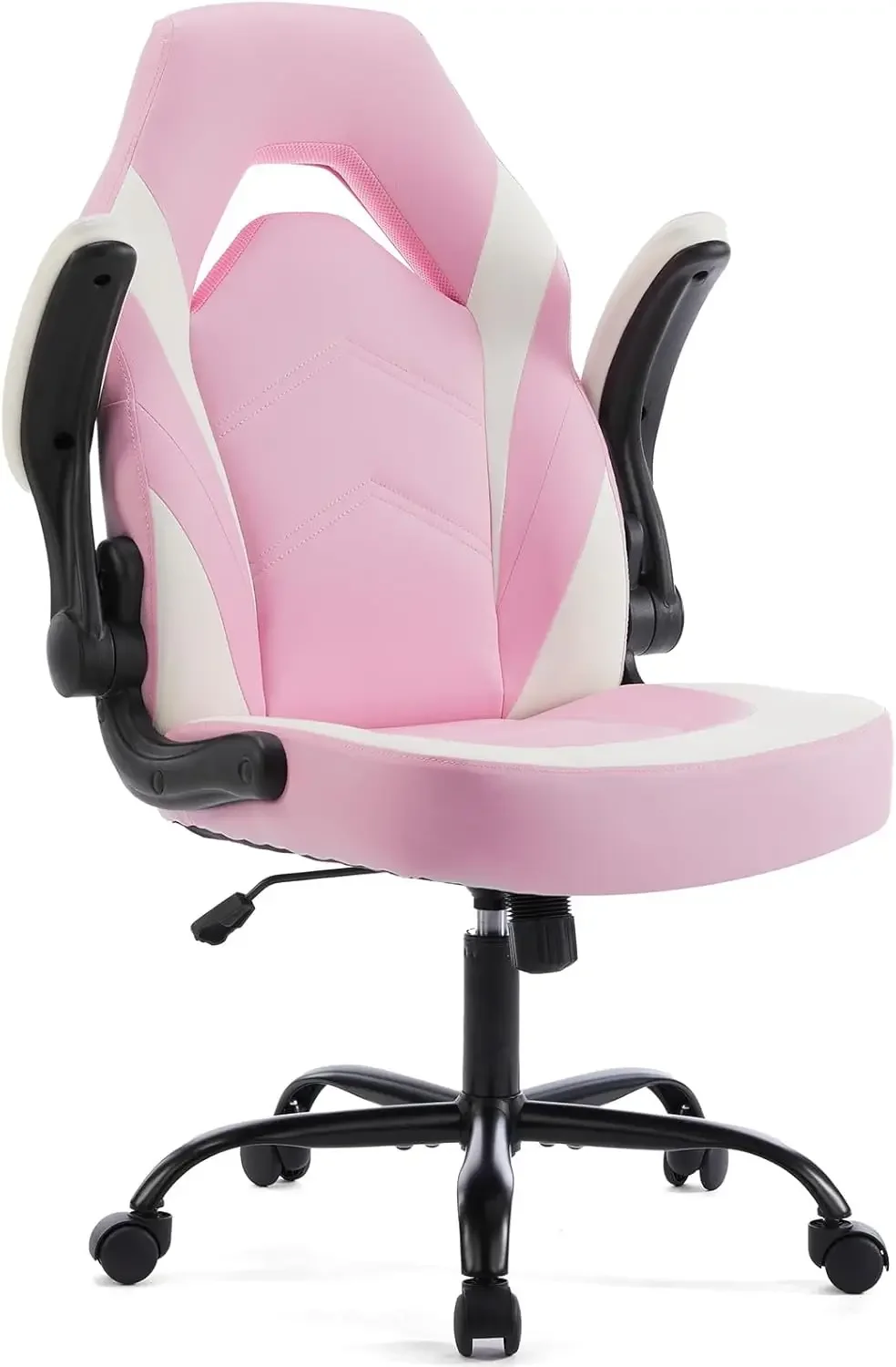 Computer Gaming Desk Chair - Pink Ergonomic Office Executive Adjustable Swivel Task PU Leather Racing Chair with Flip-up Armrest