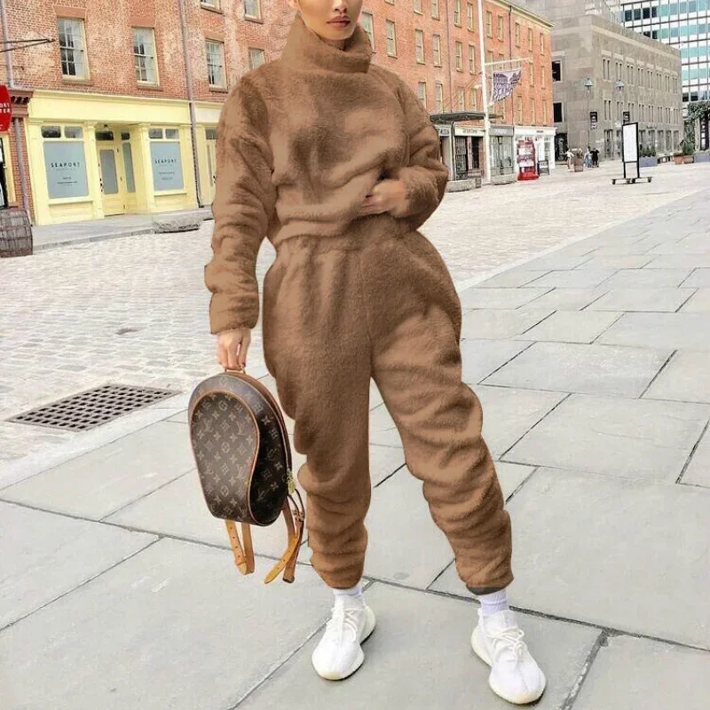 Women Winter 2 Two Piece Outfits Lounge SetWihte Plush Loose Solid Turtleneck Full Sleeve Tops and Pants Set Fashion Streetwear