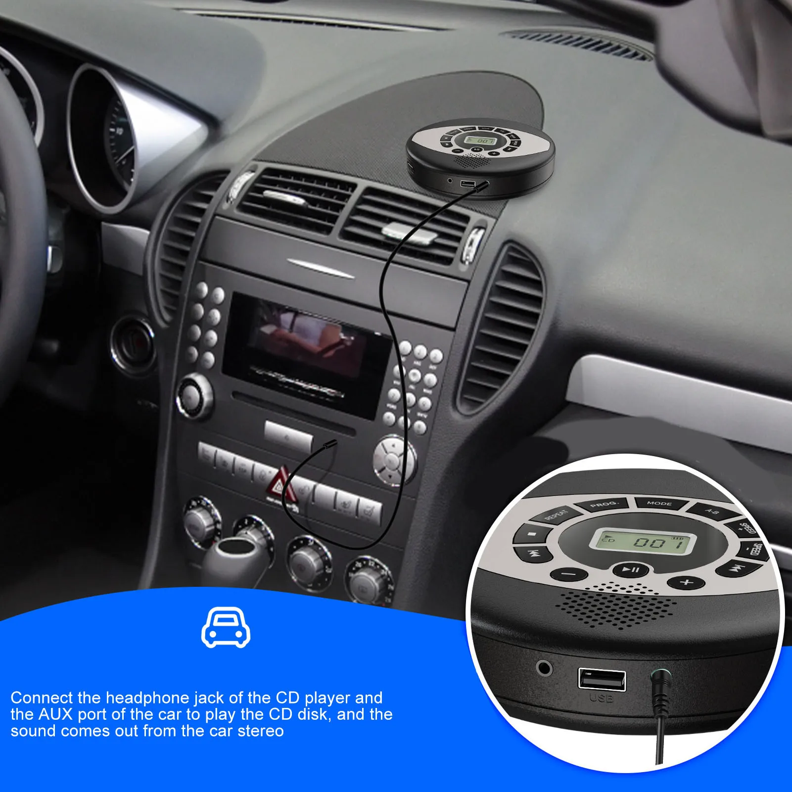 Portable CD Player USB Rechargeable Memory Playing Support Headphone Insertion 3.5mm AUX Jack CD Player Multifunction for Home