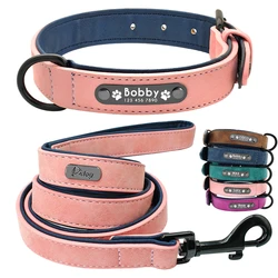 Custom Leather Dog Collar Leash Personalized Pet Collars and Leash Set Durable Leather Collar Lead for Small Medium Large Dogs