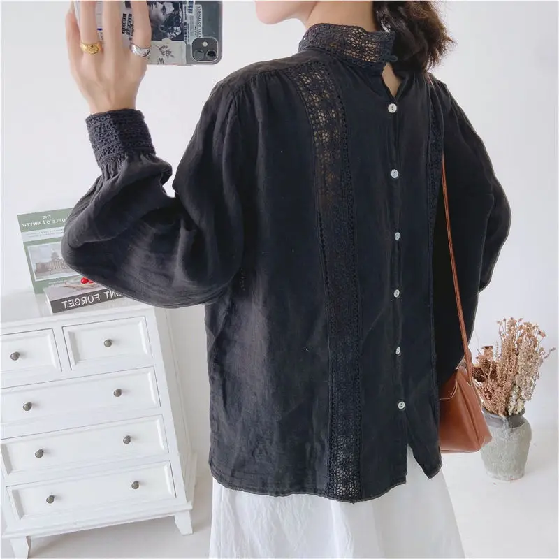 Johnature New Korean Linen Womens Tops And Blouses 2024 Autumn Vintage Hollow Out Loose Solid Color Female Shirts