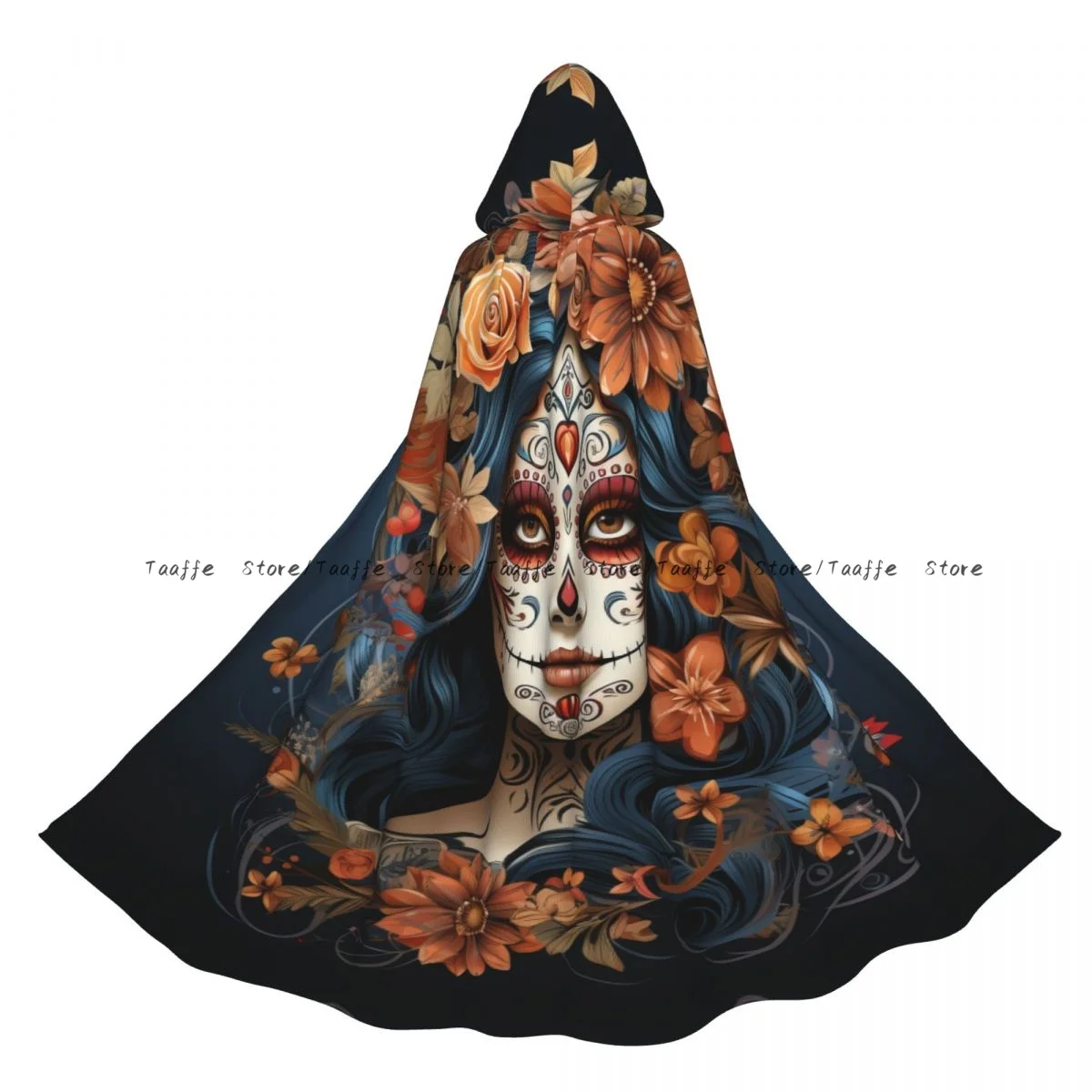 Capa de Halloween Unisex para niña con calavera de azúcar, maquillaje con flores, capa con capucha, disfraz Medieval, bruja, Wicca, vampiro