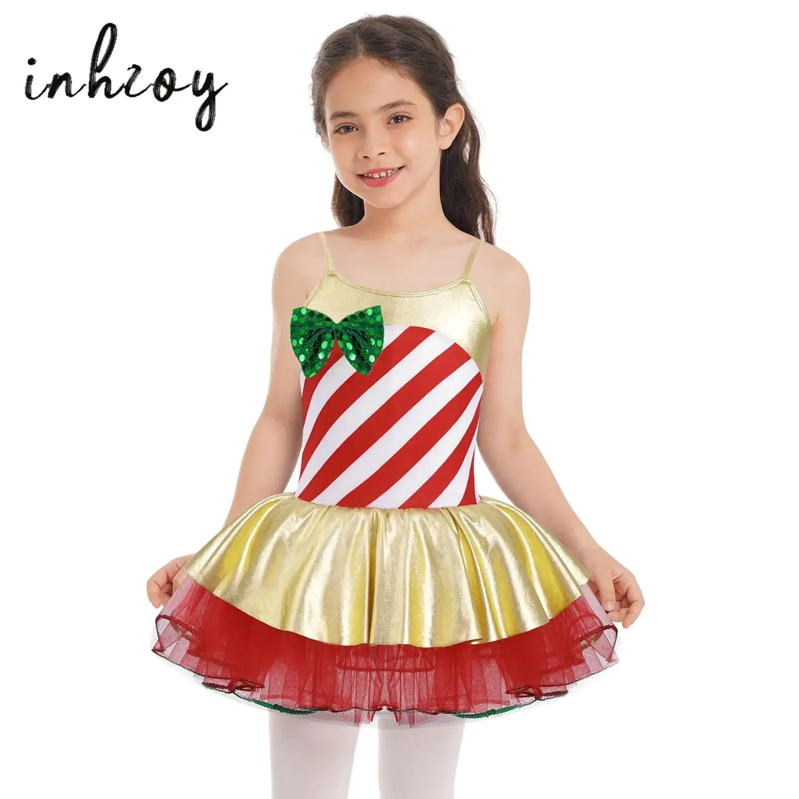 

Kids Girls Sequins Striped Tutu Dance Dress Christmas Party Candy Cane Costume Gymnastics Ballet Dance Leotard Dance Wear