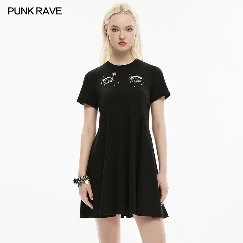 

PUNK RAVE Women's Adjustable Waist Print Dress Detachable Bow Brooch Decoration Daily Sweet Black Mini Dresses Spring/Summer