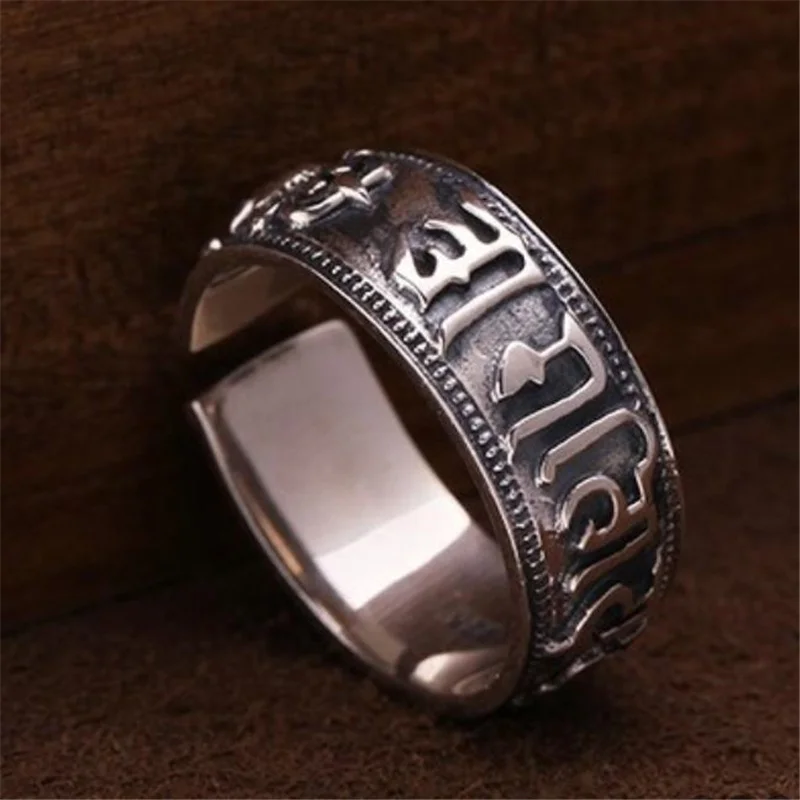 Trendy 925 Sterling Silver Ring For Women Men Jewelry Vintage Sanskrit Buddhist Scriptures Ring Female Male Finger Accessories