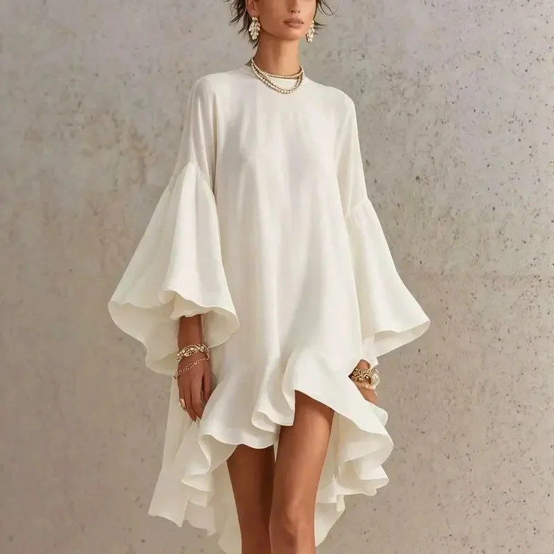 Elegant Solid Dress O Neck Loose Ruffled Asymmetrical Hem Flare Sleeve Dress Fashion Casual Summer Holiday Party Dresses