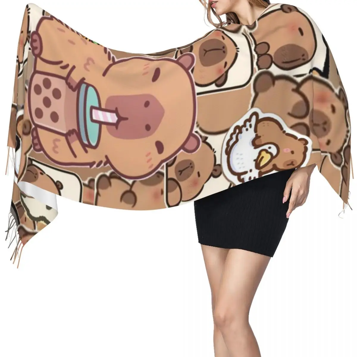 

Los Capibara милый шарф с изображением животных в виде капибары, шарфы с кисточками для женщин, мягкие теплые шали и накидки, большая осенне-зимняя шаль