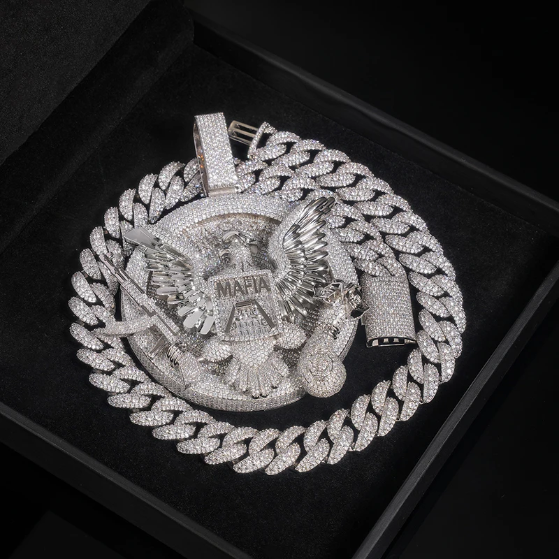 Hip Hop 5A+ CZ Stone Bling Ice Out Big Eagle Gun Money Bag Round Pendants Necklace for Men Rapper Jewelry Gold Silver Color