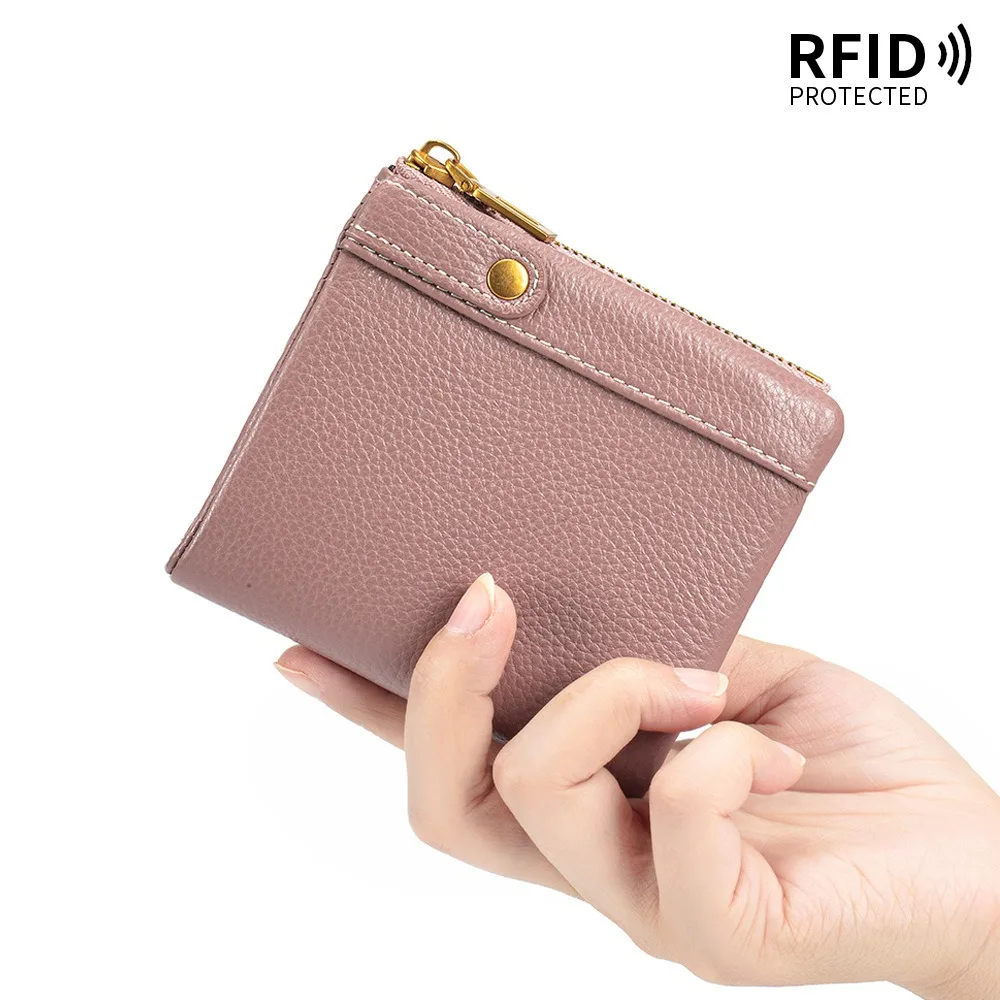 Cowhide Wallet for Women, RFID Leather Purse,Built-in AirTag Slot ID Window Zip Coin Pocket Wallets with Gold Color Snap Closure