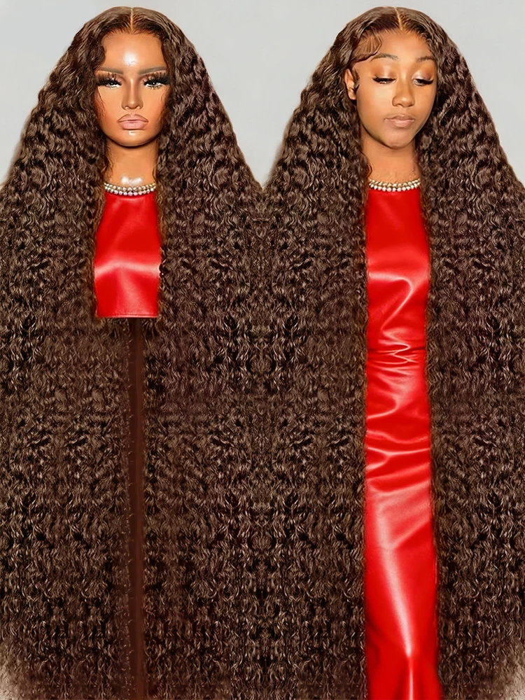 

Chocolate Brown Deep Curly Wigs 13x6 HD Lace Frontal Wig Human Hair 30 40 inch 13x4 Water Wave Colored Wig For Women 250 Density