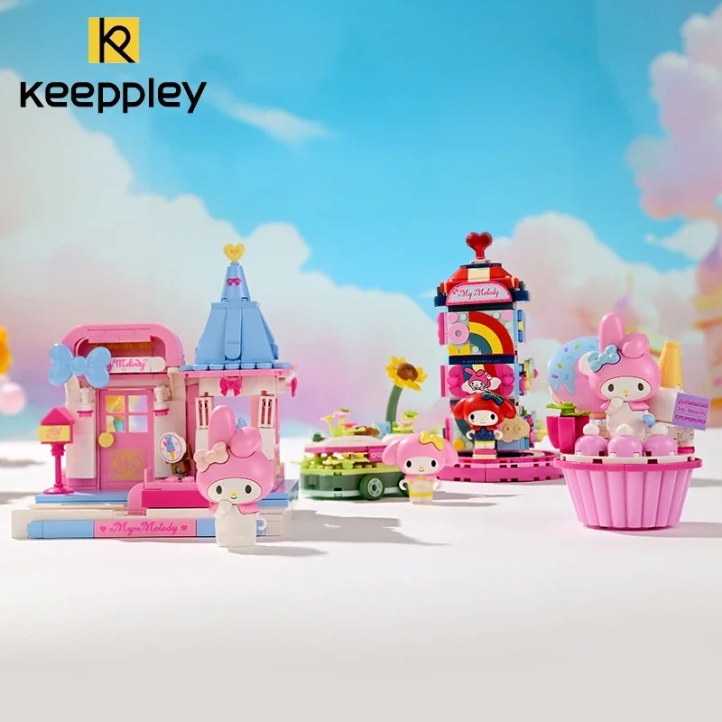 Bloco de construção Keeppley para crianças Sanrio Kuromi Street View, série Cartoon, modelo de montagem, brinquedo de decoração, presente de aniversário da menina, novo